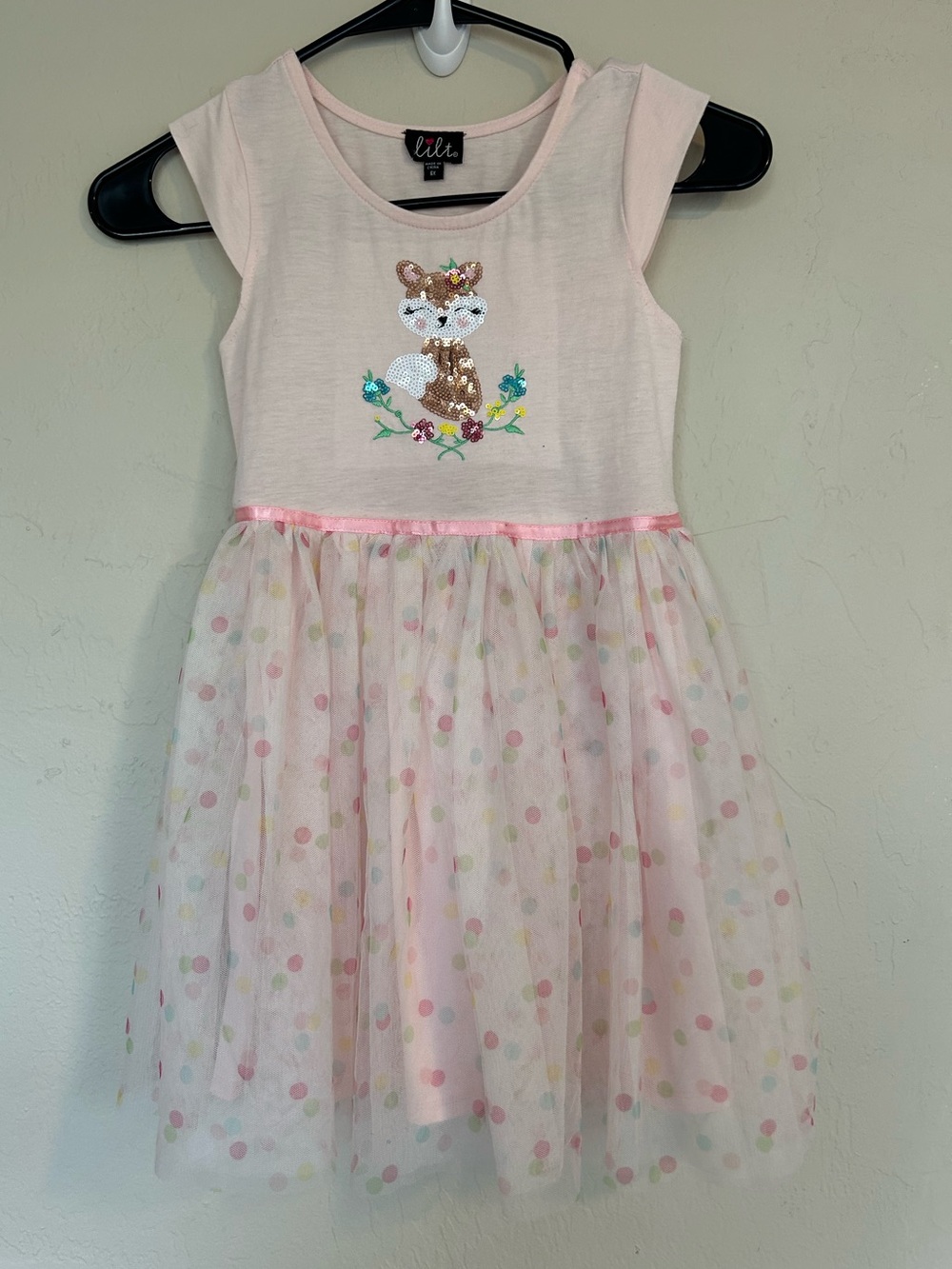Lilt Girls Pink Fit & Flare Sleeveless Tulle Polka Dot Sequin Fox Dress Sz 6